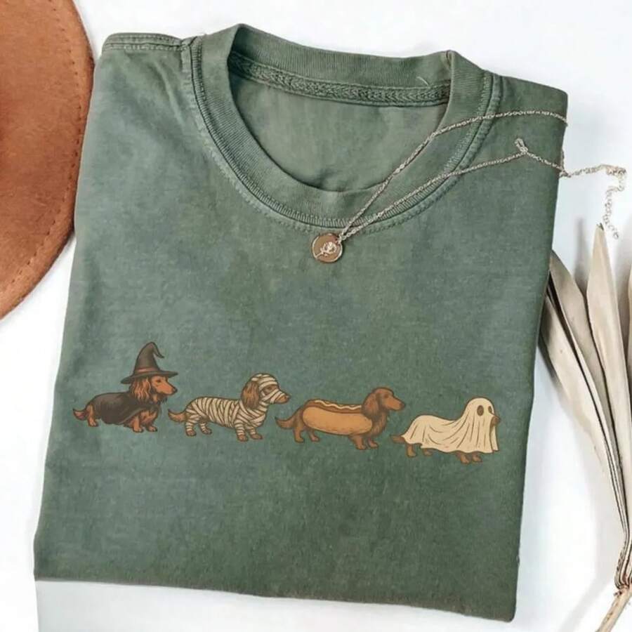 Cute Halloween Dachshund Dog Costume Graphic Tee Funny Witch Mummy Hot Dog Ghost Shirt Fall Autumn Aesthetic  Women Gift