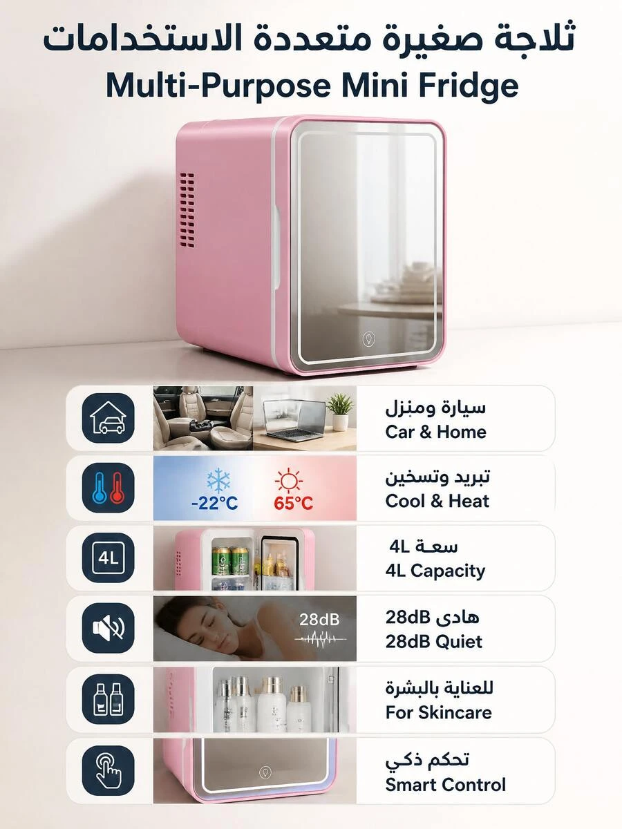 SMEGGEMS 4L Mini Fridge, Touch Control 3-Color LED Mirror, 28dB Ultra Quiet, Dual Cooling & Heating, Portable Cosmetic Fridge For Home And Car, Suitable For Storing Cosmetics, Serums And Face Masks - Pink - View 1