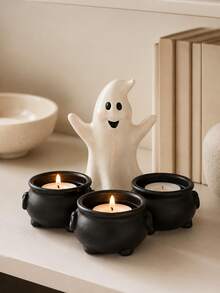 1pc Halloween One‑Piece Ghost Tealight Candle Holder With 3 Integrated Witch Cauldrons, All‑In‑One Ghost Figurine Tea Light Holder, Spooky Tabletop Mantel Centerpiece, Home Party Holiday Decor Ornament, Candles Not Included - Ghost Candlestick - View 8