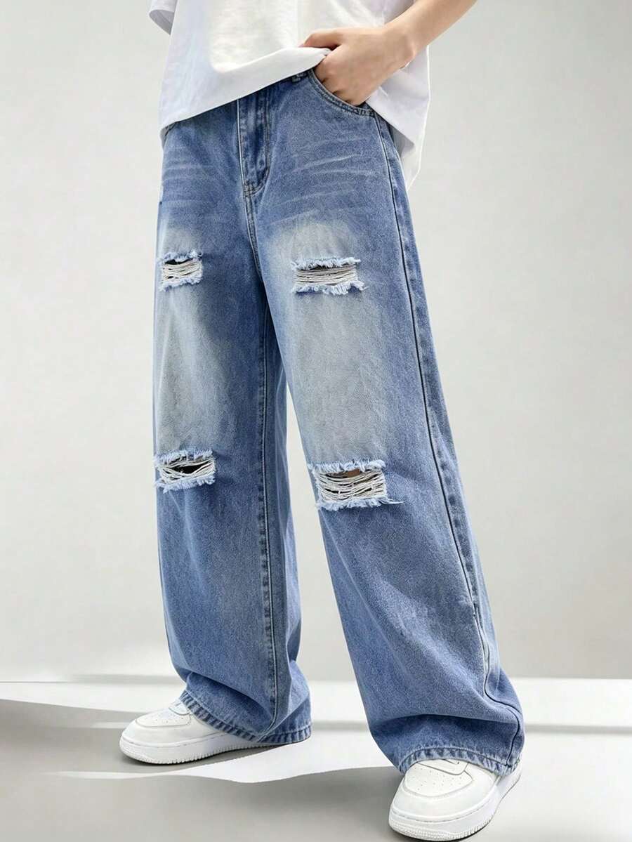 Tween Boy Casual Washed Distressed Wide Leg Denim Jeans - Dark Wash - View 1