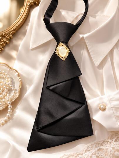 Solid Color Z-Pattern Tie, No-Tie Design, Rhinestone Fashion Bow Tie, Versatile Necktie