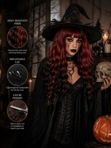 Long Burgundy Red Black Ombre Wig For Women, Wavy Synthetic Wig With Bangs, Halloween Witch Cosplay Party Hair - Red Ombre - View 5