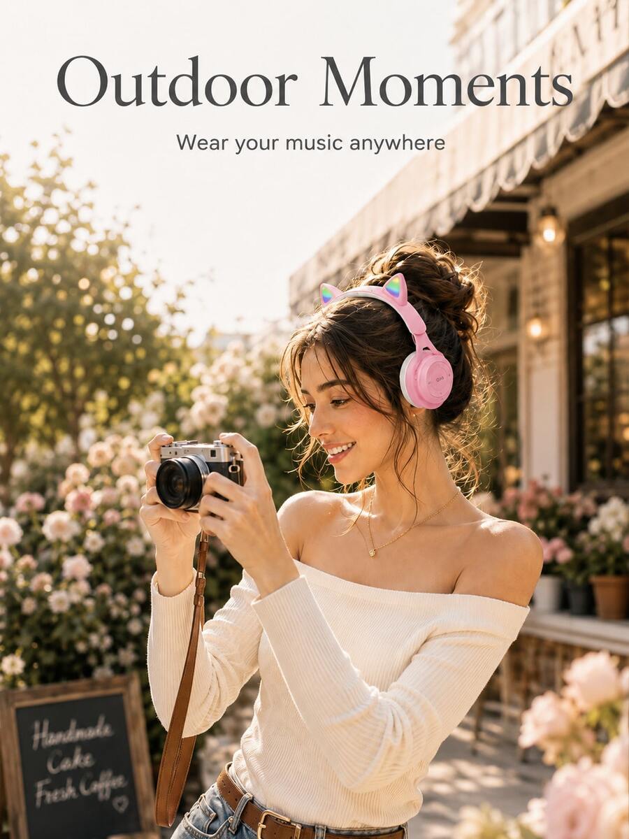 Foldable Wireless Cat Ear Headphones, Color Changing Cat Ear Wireless Headphones With Microphone, Touch Control, Super Long Battery Life, Suitable For Children/Gifts - 彩色 - 查看 1