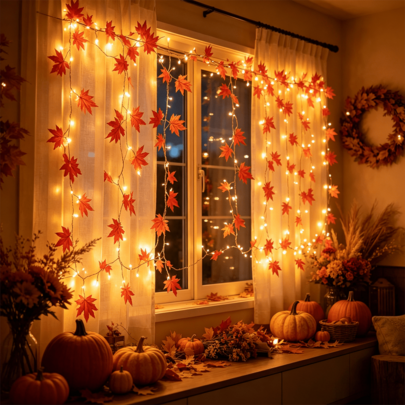 1 pieza Guirnalda de luces LED con enredadera de hojas de arce artificial, 3X1m/9.84x3.28ft, alimentada por USB, 8 modos de luz, luz de cortina de hojas de arce, adecuada para decoración de Navidad, boda, decoración de pared de dormitorio, decoración de fiesta de Acción de Gracias y Halloween (Batería no incluida)