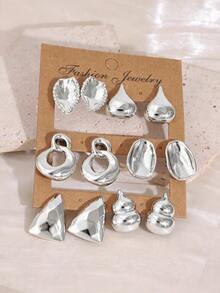2/12PCS Women's Fashion Elegant Silver Geometric Multi-Element Earrings Set, Fashionable And Elegant, Suitable For Daily Wear, Outings, Gatherings And Parties. - Silver - View 4