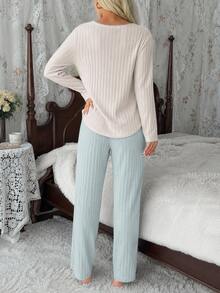 Women's Two-Piece Rib-Knit Pajama Set - Long-Sleeve Button-Detail Top & Matching Trousers - Soft, Cozy Loungewear For Ultimate Relaxation - Mint Blue - View 4