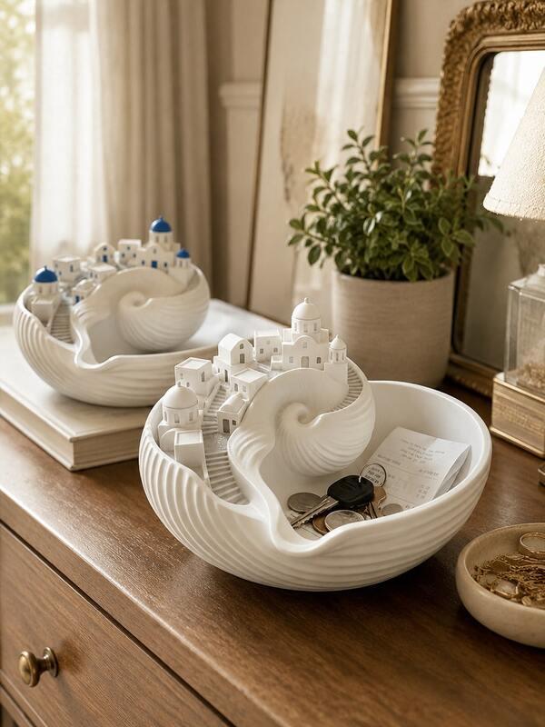 Creative Seashell Town Key Storage Bowl, Santorini Mediterranean Style Entryway Jewelry Storage Tray, Home Decor Item With A Touch Of Luxury.