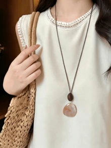 1pc Vintage Minimalist Faux Stone Long Sweater Necklace, Brown Wax Cord Layered Necklace - Multicolor - View 5