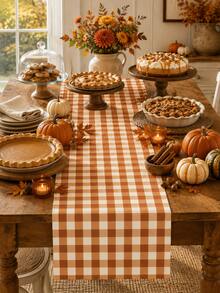 1pc Brown Orange & Cream Gingham Plaid Table Runner, Warm Farmhouse Checkered Fall Table Decor, Rectangular Dining Table Runner For Thanksgiving Dinner, Fall Decor, Kitchen Decor, Home Decor, Harvest Party And Family Gathering - Multicolor - View 11
