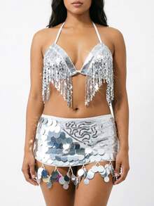 Sequin Fringe Halter Triangle Dance Top Pailette Sequin Embroidered Mesh Coin Charm Mini Hip Skirt Belly Dance Stage Rave Party Outfit - Multicolor - View 5