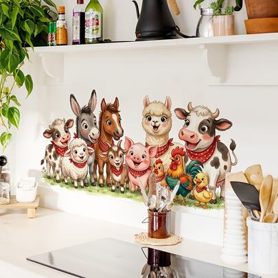 1 Pc 40*20cm Cute Farm Animal Border Wall Sticker, Cow Sheep Pig Alpaca Donkey Rooster Vinyl Decal, Rustic Vintage Wall Decor, Suitable For Kitchen, Dining Room, Farmhouse Cabinets, Self-Adhesive PVC Material, Easy Installation