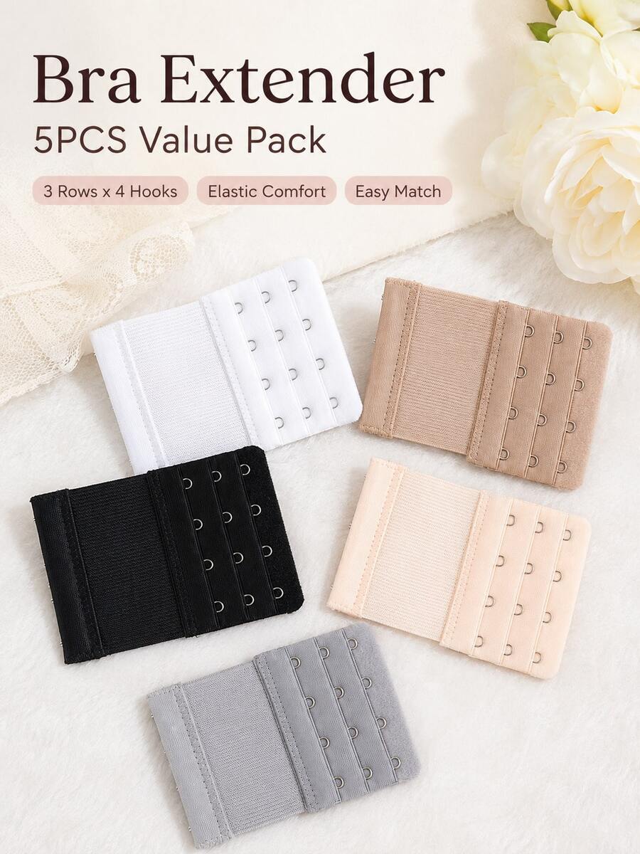 5pcs Multi-Color Bra Extender 3-Row 4-Hook Elastic Band Lingerie Extension Buckle Stainless Steel Back Hook Adjuster - Multicolor - View 1