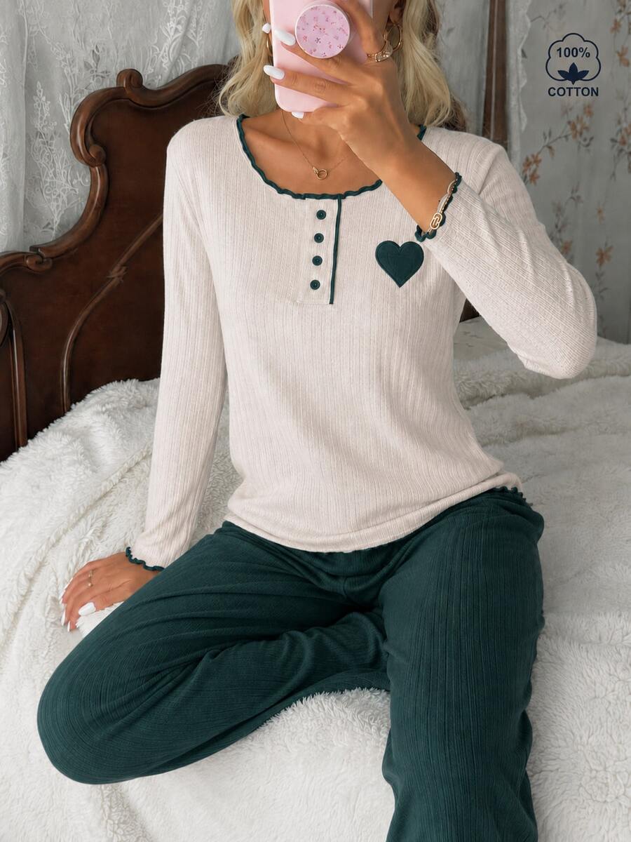 Women's Two-Piece Rib-Knit Pajama Set - Long-Sleeve Button-Detail Top & Matching Trousers - Soft, Cozy Loungewear For Ultimate Relaxation - Green - View 1