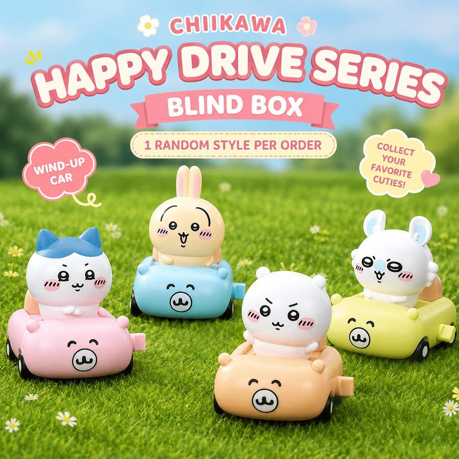 MINISO Chiikawa Happy Drive Series Blind Box, Cute Cartoon Wind-Up Car Figure Toy, Random 1 Design, For Desk Shelf Room Decor, Birthday Christmas Gift - Random Style - 1 Blind Box - View 1