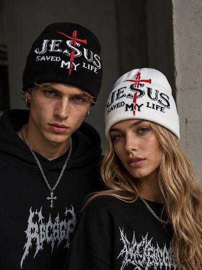 Jesus Letter Embroidered Beanie Hat Women Men Winter Warm Knit Cap Casual Streetwear Soft Stretch Skull Cap Fashion Unisex Hat