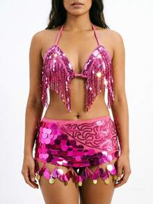 Sequin Fringe Halter Triangle Dance Top Pailette Sequin Embroidered Mesh Coin Charm Mini Hip Skirt Belly Dance Stage Rave Party Outfit - Multicolor - View 15