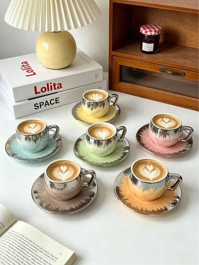 6piezas/1 pieza Juego de Taza de Café y Plato de Cerámica Multicolor de 90ml, Incluye Taza y Plato, Taza con Asa Resistente al Calor, Apto para Lavavajillas. Perfecto para Té de la Tarde, Postres, Espresso, También como Juego de Regalo o Suministros para Regreso a Clases. Ideal para Reuniones Familiares, Café, Té, Postres, Regalos de Inauguración de Casa y Boda, Decoración de Cocina y Cafetería, Regalo Perfecto de Cumpleaños y Día de la Madre para Mujeres y Amantes del Té, Regalo del Día del Padre, Regalo para Maestros, Regalo de Graduación