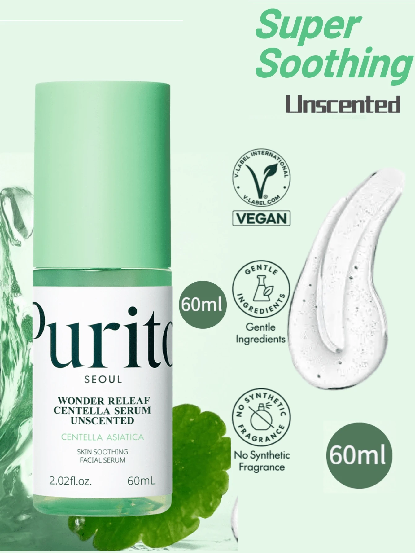 PURITO 60ml Cica 無香精精華液,含 34,860ppm 積雪草萃取,適合敏感肌與痘痘肌,舒緩鎮靜、保濕,純素、無香料,韓國保養 K-Beauty - Unscented 60ml - 查看 1
