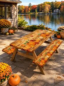 1/3pcs-Fall Stretch Fitted Picnic Table Cover And Bench Coverset, Rustic Wood Grain Pumpkin Maple Leaf Print SRectangular Tablecloth, Harvest Thanksgiving Decor For Patio Backyard Outdoor Autumn Dinner Party - Multicolor - View 1