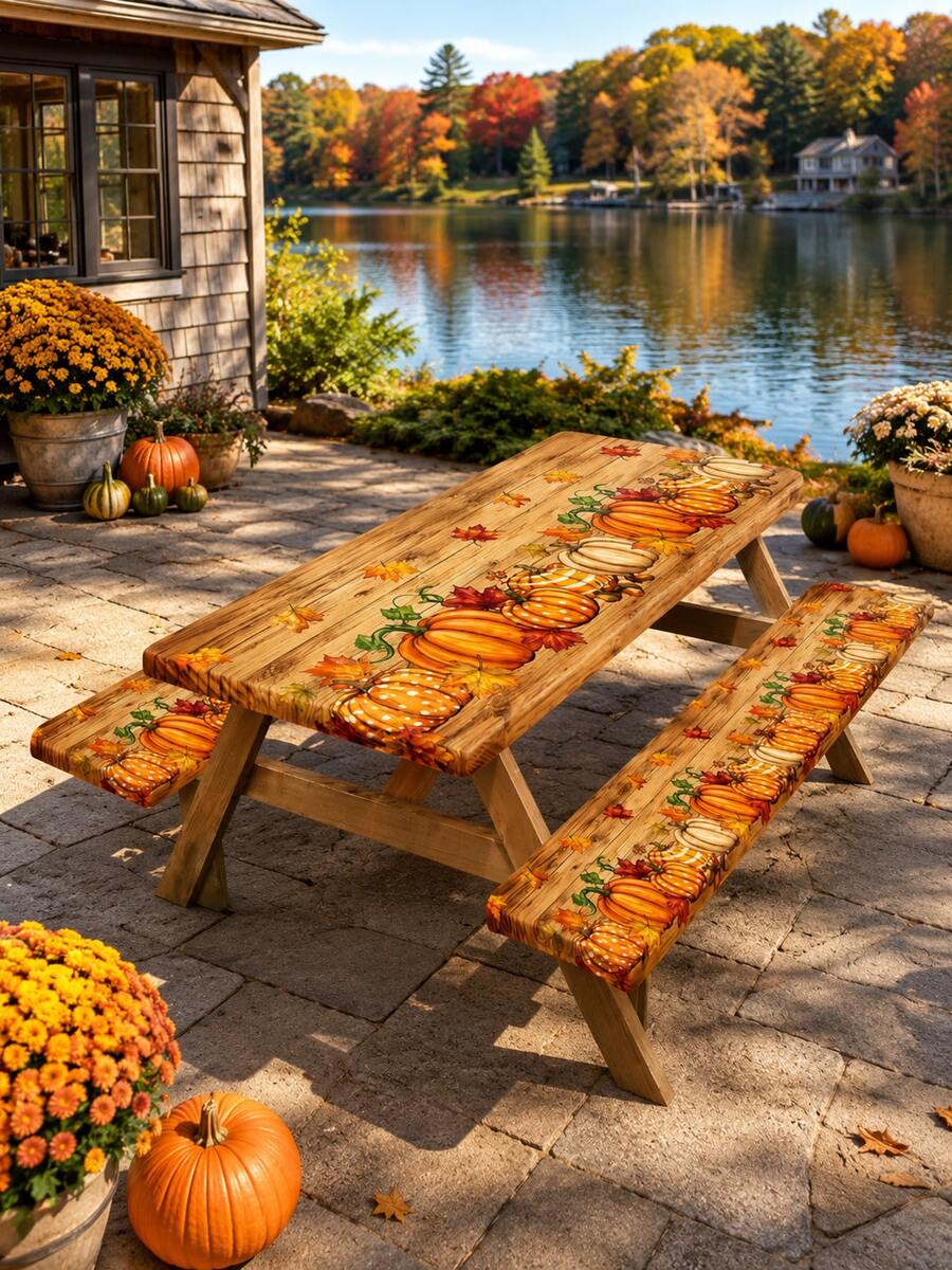 1/3pcs-Fall Stretch Fitted Picnic Table Cover And Bench Coverset, Rustic Wood Grain Pumpkin Maple Leaf Print SRectangular Tablecloth, Harvest Thanksgiving Decor For Patio Backyard Outdoor Autumn Dinner Party - Multicolor - View 1