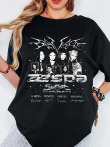 Aespa SYNK COMPLEXITY Chromes Metal Black White T Shirt Tour Member Signature Top - 黑色 - 查看 1