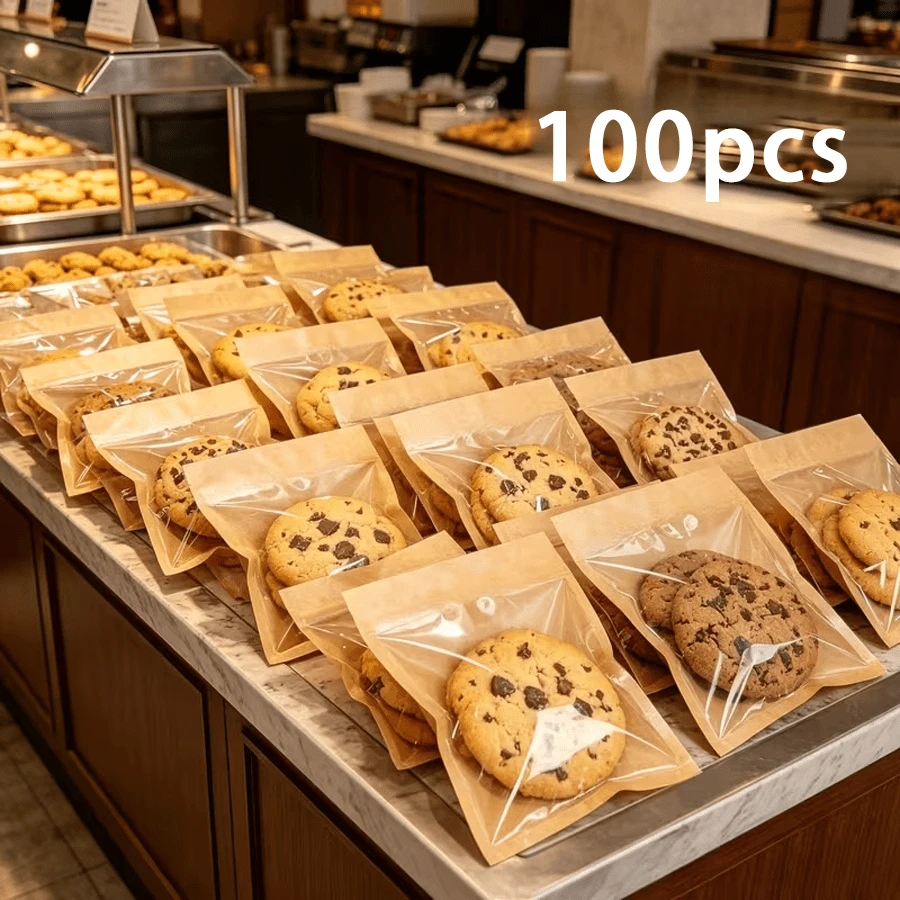 100pcs/Set   Baking Packaging Bags With Window And Flip Seal, Oil-Proof  Paper Treat Bags For Christmas, Birthday, Bakery Business, Perfect For, Donuts, Brownies, Bakery Cafe Gift Display Storage - View 1