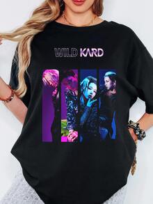 KARD WILD Print T Shirt Four Member Neon Split Portrait Graphic Daily Short Sleeve Top - 黑色 - 查看 1