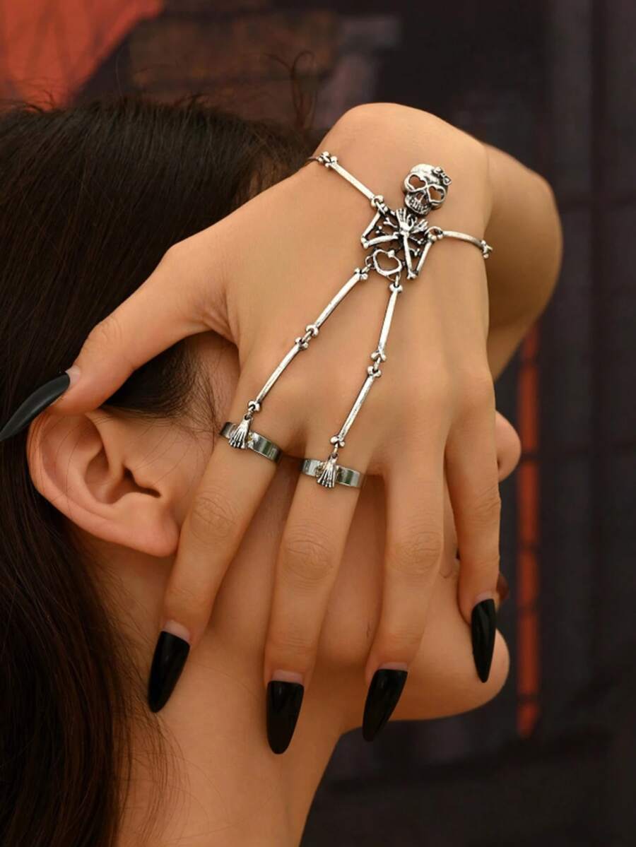 1pc Vintage Gothic Punk Skull Fingerless Bracelet, Fashionable & Unique, Suitable For Halloween - Silver - View 1