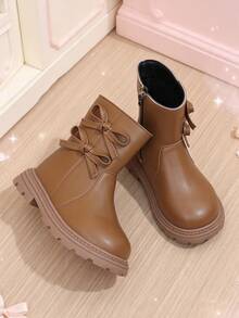 1 Pair Girls' Brown Bow Ankle Boots, Soft PU Round Toe Soft Sole Anti-Slip Inner Zipper Design, Fashionable Cute Princess Style Mid-Calf Boots, Suitable For Daily School, Holiday, Autumn/Winter New - Brown - View 1