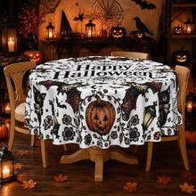 1pc,Vintage Halloween Tablecloth, Black White Pumpkin Bat Cat Print Polyester Table Cover, Elegant Halloween Dining Table Decor For Kitchen, Party, Family Gathering And Holiday Home Decoration - C - View 5