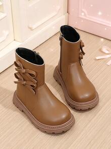 1 Pair Girls' Brown Bow Ankle Boots, Soft PU Round Toe Soft Sole Anti-Slip Inner Zipper Design, Fashionable Cute Princess Style Mid-Calf Boots, Suitable For Daily School, Holiday, Autumn/Winter New - Brown - View 4