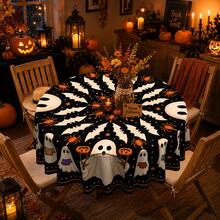 1pc,Vintage Halloween Tablecloth, Ghost Pumpkin Bat Black Cat Print Polyester Table Cover, Halloween Dining Table Decor For Kitchen, Party, Family Gathering And Holiday Home Decoration - B - View 3