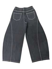 1 buah Celana Panjang Jeans Wanita Gaya Jalanan Jepang Motif Patchwork Lukisan Tangan dengan Hem Melengkung Longgar dan Lebar, Kasual, Warna Hitam, Musim Gugur - Hitam - View 9