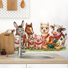 1件 40*20cm 可愛農場動物邊框牆貼，牛、羊、豬、羊駝、驢、公雞乙烯基貼紙，鄉村復古牆面裝飾，適用於廚房、餐廳、農舍櫥櫃，自黏式PVC材質，安裝方便 - 均碼 - 查看 3