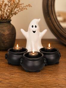1pc Halloween One‑Piece Ghost Tealight Candle Holder With 3 Integrated Witch Cauldrons, All‑In‑One Ghost Figurine Tea Light Holder, Spooky Tabletop Mantel Centerpiece, Home Party Holiday Decor Ornament, Candles Not Included - Ghost Candlestick - View 3