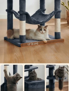Multi‑Level Cat Tree, With Two Cat Houses, A Hammock And A Hanging Basket. Multiple Sisal Scratching Posts For Claw Sharpening, A Top Viewing Platform, And An Interactive Pom‑Pom Cat Toy. Suitable For Multiple Cats. - Random Color - View 9