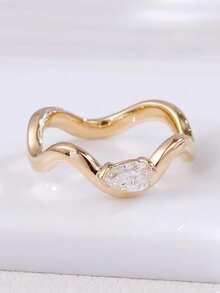 1pc Classic 14K Gold Plated Wave Twisted Arm Water Drop Pear Shaped Couple Ring, Geometric Banquet Decor Proposal Gift Jewelry - Yellow - View 5
