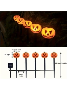 1set/5 piezas Luces solares de jardín con forma de calabaza de Halloween, impermeables para exteriores, diseño de calabaza de dibujos animados, se iluminan automáticamente por la noche, adecuadas para patio, parterre, jardín, camino, césped, decoración de Halloween - Multicolor - Ver 11