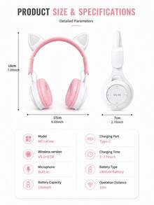 Foldable Wireless Cat Ear Headphones, Color Changing Cat Ear Wireless Headphones With Microphone, Touch Control, Super Long Battery Life, Suitable For Children/Gifts - 彩色 - 查看 10