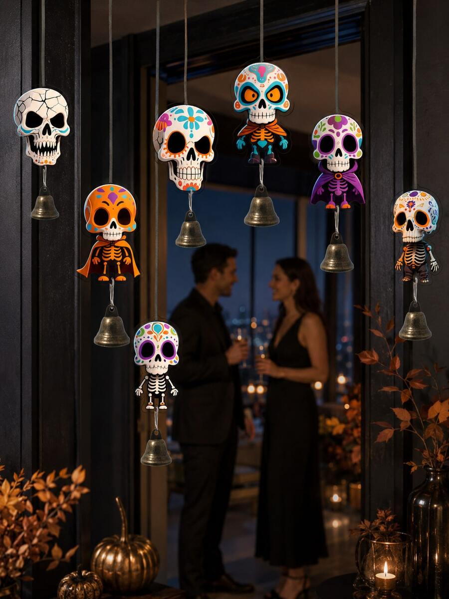 8 Peças Sinos de Vento com Caveira Pintada do Dia dos Mortos & Halloween, Decoração de Bruxa de Abóbora, Uso Interno/Externo, Som Nítido e Agradável, Adequado para Quintal, Fazenda, Festa ou como Presente - Vários estilos - Visão 1