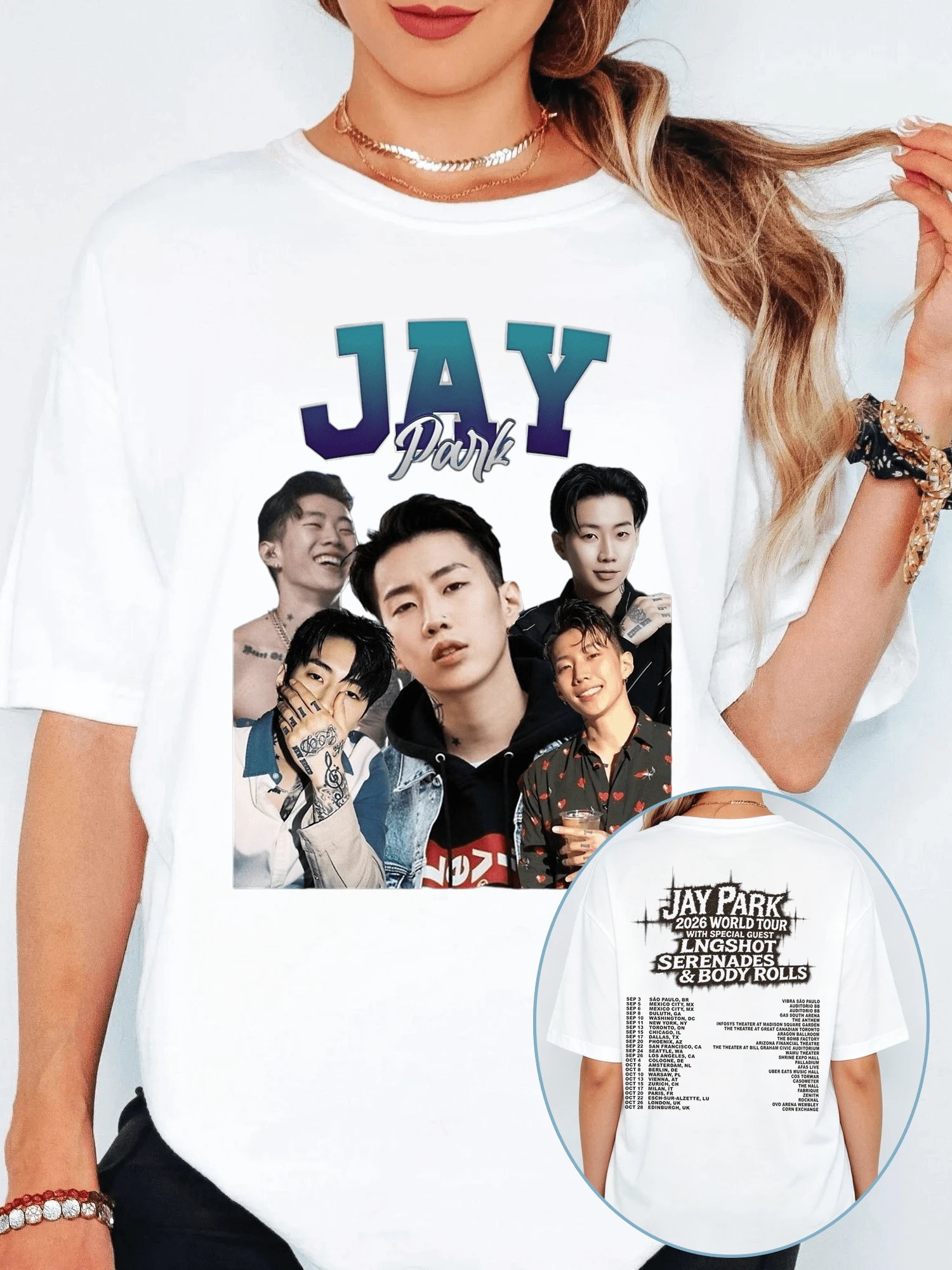 Jay Park Multi Portrait Collage T Shirt Vintage Korean Rapper Casual Top - 白色 - 查看 1