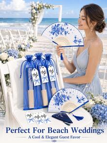 Blue Floral Bamboo Folding Hand Fan Set With Organza Gift Bag, Tassel And Thank You Tag, Wedding Guest Hand Fan, Wedding Guest Favor, Bridal Shower Gift, Bridesmaid Gift, Bride-To-Be Gift, Wedding Party And Autumn Wedding Decor - Blue and White - View 6