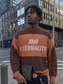 ANDREILEE Men's Fashion Street Style Casual Commute Home Versatile ETERNALITU Letter Crew Neck Long Sleeve Wide Ribbed Loose Knit Pullover Sweater Autumn/Winter - Brown - View 1