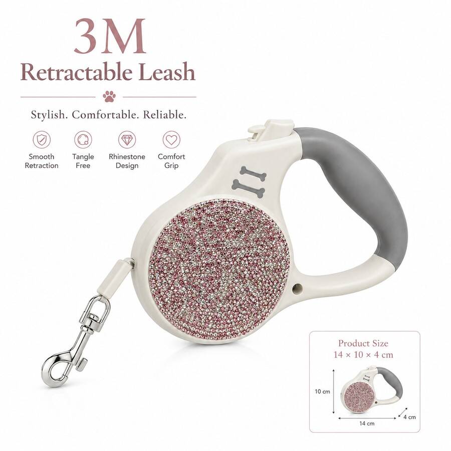 Pink Shiny Rhinestone Retractable Dog Leash 3M, Ergonomic Handle, Metal Swivel Hook, Cute Outdoor Puppy Leash - Multicolor - View 1