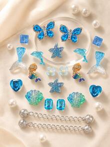 16pcs Ocean Mermaid Blue Diamond Hollow Shoe Charms, Butterfly Dolphin Shell Chain DIY Shoe Buckle Accessory Set - Blue - View 8