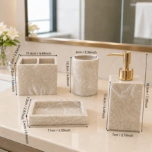 Bathroom Accessories Set, Bathroom Accessories Set, Toothbrush Holder, Soap Dispenser, Mouthwash Cup, Soap Dish, Modern Bathroom Countertop Kitchen Sink Storage Organizer - Apricot - View 7