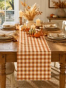 1pc Brown Orange & Cream Gingham Plaid Table Runner, Warm Farmhouse Checkered Fall Table Decor, Rectangular Dining Table Runner For Thanksgiving Dinner, Fall Decor, Kitchen Decor, Home Decor, Harvest Party And Family Gathering - Multicolor - View 1