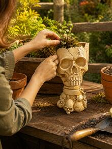 Outdoor Garden Skull Planter, Gothic Style Flower Pot, Halloween Porch Decor, Yard, Patio, Balcony, Garden Table Decorative Succulent Plant Pot, Spooky Plant Pot Home Decor - B - View 10