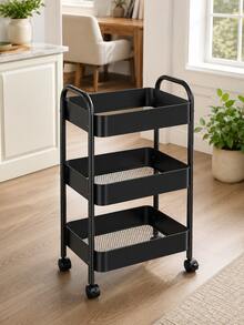 2-Tier/3-Tier Mobile Multi-Function Storage Cart, Metal Storage Organizer Rack With 360° Lockable Casters, Mesh Storage Shelves, Suitable For Kitchen, Bathroom, Laundry Room, Office, Craft, Snack Storage, Black/White Small Space Home Storage Rack - Multicolor - View 13