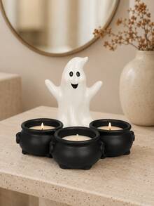 1pc Halloween One‑Piece Ghost Tealight Candle Holder With 3 Integrated Witch Cauldrons, All‑In‑One Ghost Figurine Tea Light Holder, Spooky Tabletop Mantel Centerpiece, Home Party Holiday Decor Ornament, Candles Not Included - Ghost Candlestick - View 7